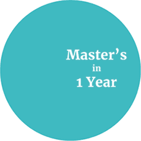 Blue circle containing the text, Master's in 1 Year